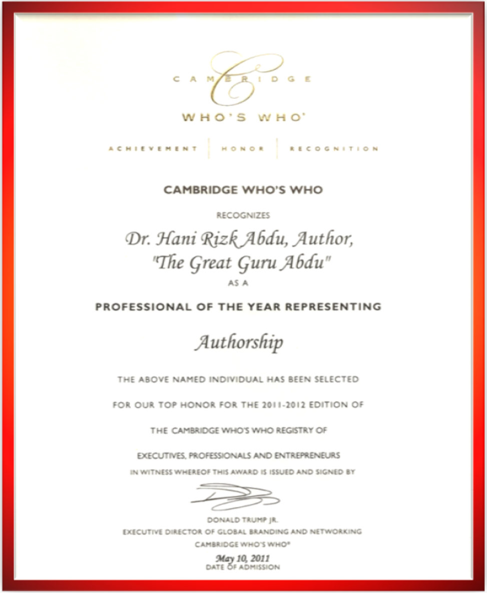Dr. Hani Abdu - Certificate of the Professional of the Year in Authorship