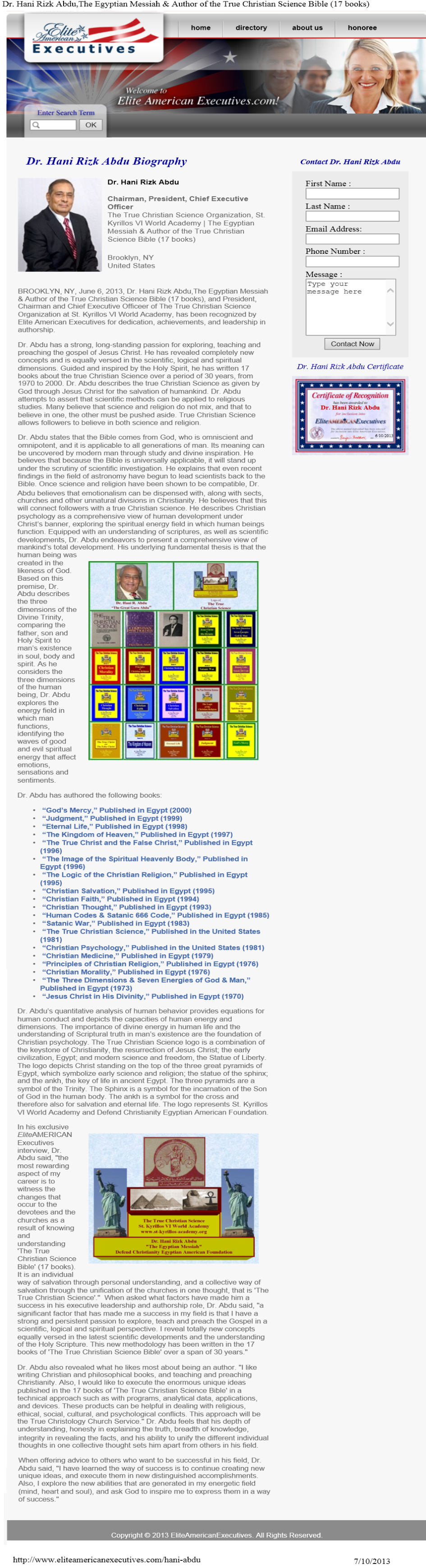 Elite American Executives Profile for Dr. Hani Rizk Abdu