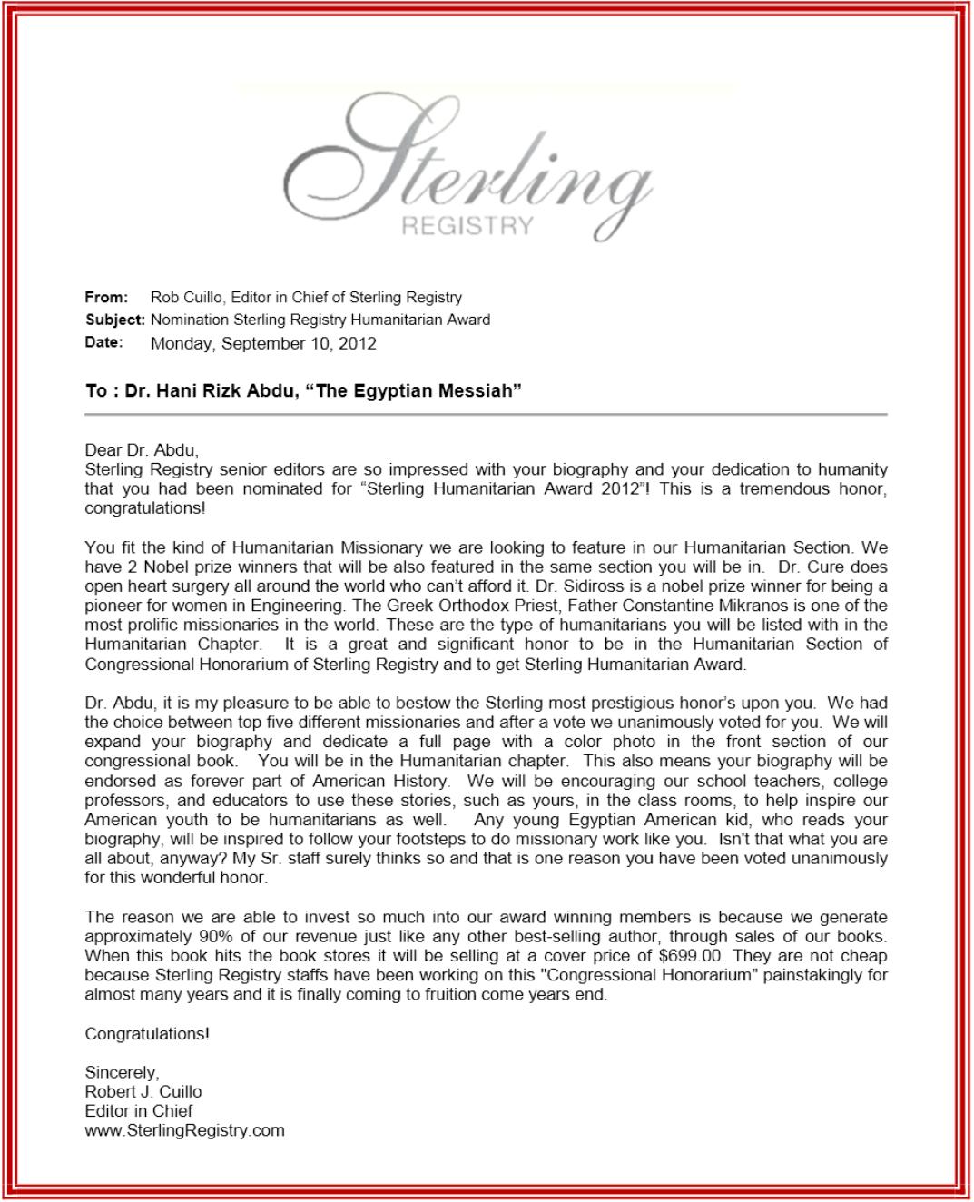 Sterling Registry Nomination letter