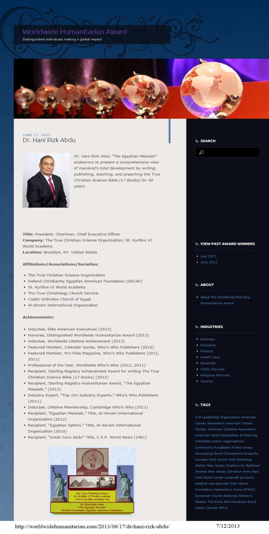 Distinguished Worldwide Humanitarian Award 2013 for Dr. Hani Rizk Abdu